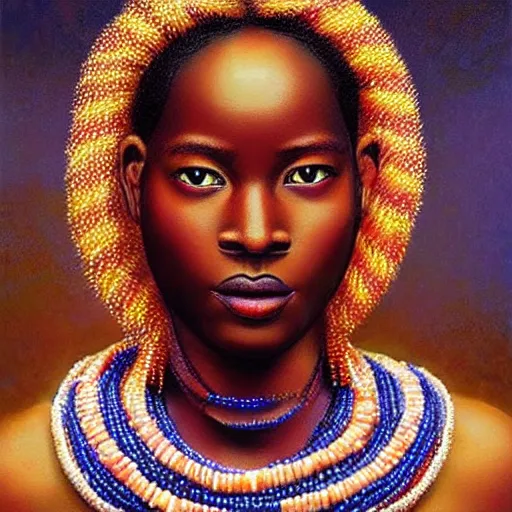 Image similar to “sango God of thunder plaited beads hair cowry Nigerian lightning facial details proportionate dark skinned symmetrical digital art oil painting Edward hooper”