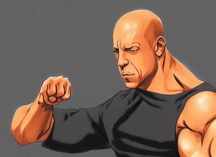 Prompt: vin diesel as saitama punching a car, hyperrealism