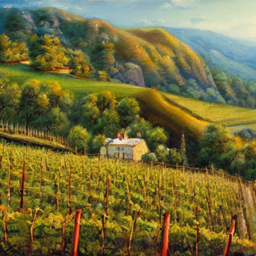 Image similar to highly detailed painting of a cliff side, at the bottom is a vineyard, thick brush strokes, visible paint layers.