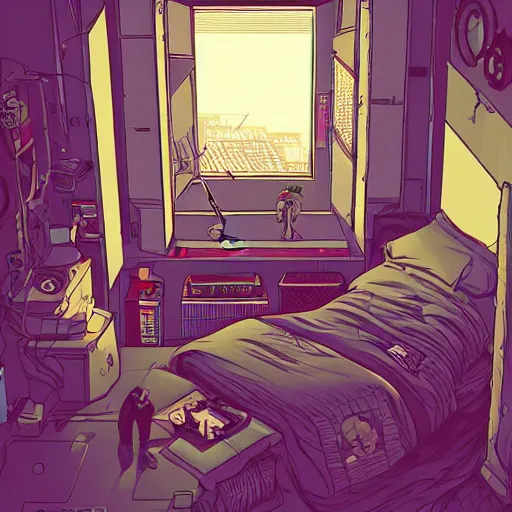 Image similar to cozy cyberpunk apartment room at night, cozy lighting, josan gonzalez