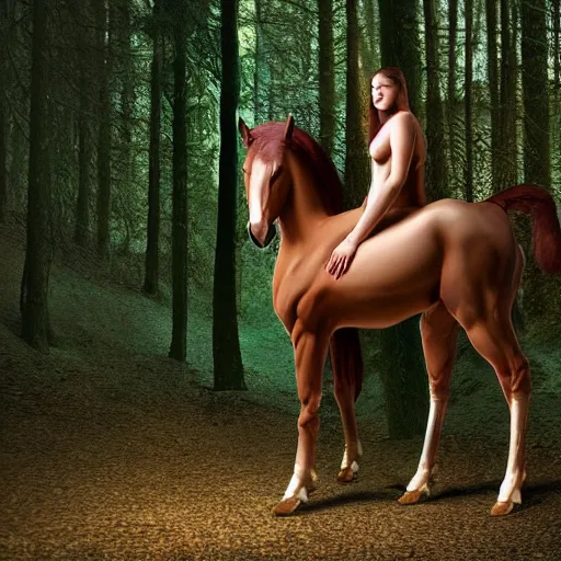 Prompt: centaur consisting of a horse and a human, featured on artstation, photograph captured in a dark forest