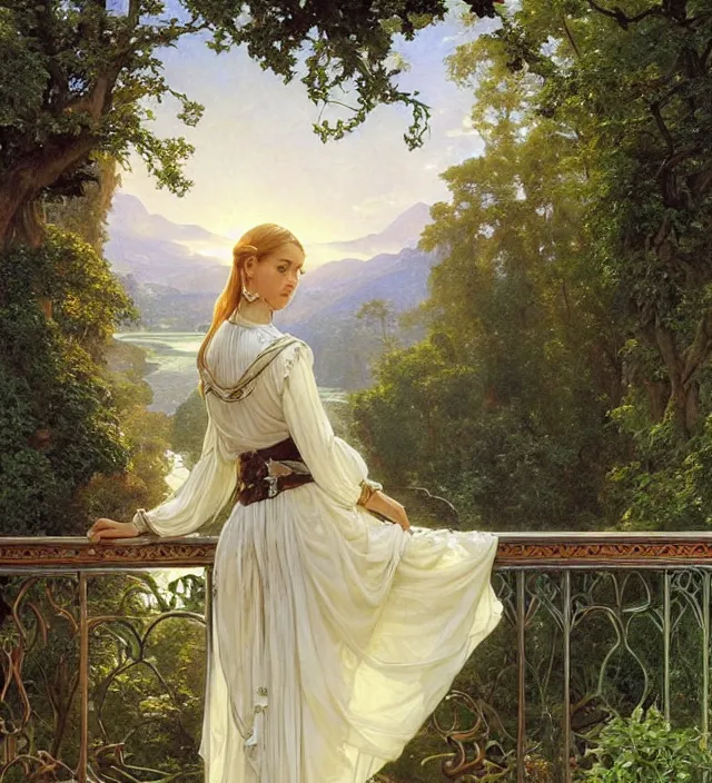 Image similar to intricate oil painting of a young elf alicia vikander with pointed elf ears wearing ornate white and light green dress with silver belt, looking out at sunrise over rivendell from her art nouveau balcony, elegant, digital painting, sharp focus, illustration, ultra realistic, 8 k, by bouguereau, alphonse mucha, artgerm, and donato giancola