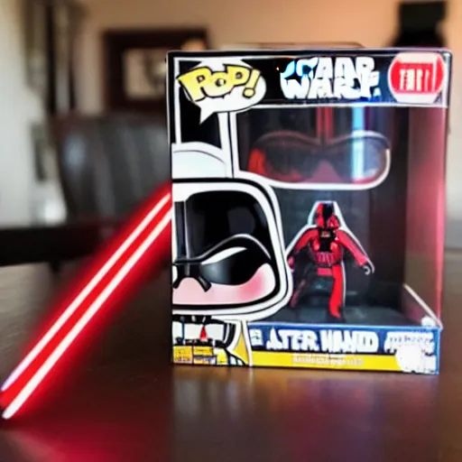 Image similar to a darth vader funko pop wielding a red lightsaber on a table inside a suburban house