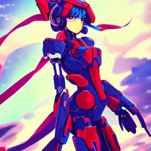 Prompt: digital anime art, cute mech girl wearing a red mech suit and blue eyes. wlop, rossdraws, sakimimichan
