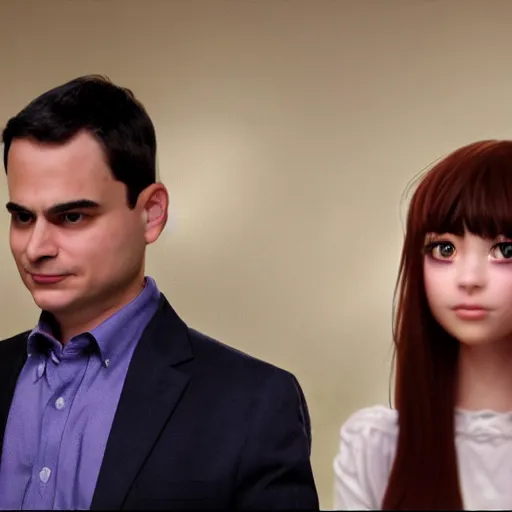 Image similar to cinematic shot epic portrait ben shapiro standing next to his anime girlfriend, hyper realistic, mood lighting, fantasy, detailed face, highly detailed, super realistic, perfect lighting