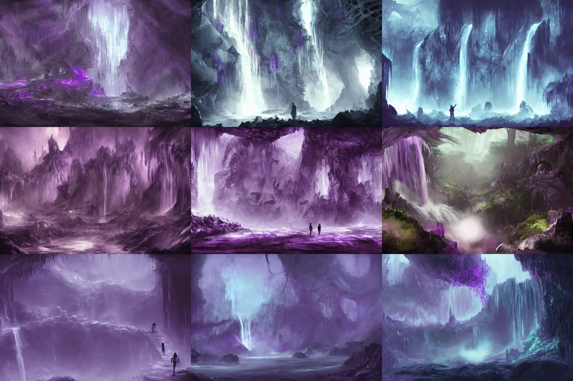 Prompt: lost souls searching for nothing, concept art, darkness, big dark caverns, waterfall, ultra detailed, soft, mysterious, purple haze, scary