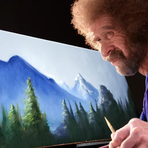 Image similar to a closeup photorealistic photograph of bob ross working on a canvas painting of spiderman. film still. brightly lit scene. mountains and trees. this 4 k hd image is trending on artstation, featured on behance, well - rendered, extra crisp, features intricate detail, epic composition and the style of unreal engine.