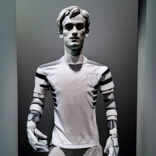 Image similar to “ a realistic detailed photo of a guy who is an attractive humanoid who is half robot and half humanoid, who is a male android, soccer player antoine griezmann, shiny skin, posing like a statue, blank stare, at the museum, on display ”