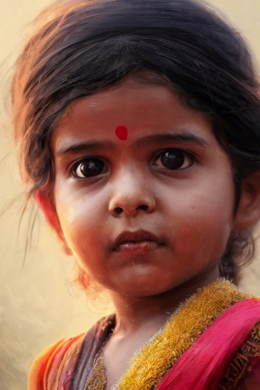 Image similar to hindu little girl, joyful, close - up portrait, intricate, elegant, volumetric lighting, scenery, digital painting, highly detailed, artstation, sharp focus, illustration, concept art, ruan jia, steve mccurry