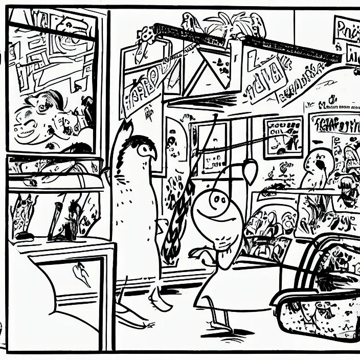 Prompt: a still frame from comic strip about the parrot having fun 1 9 9 0, new yorker illustration, monochrome contrast bw, lineart, manga, simplified