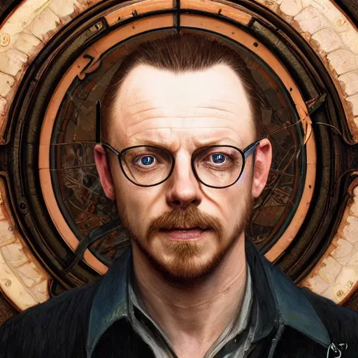 Image similar to portrait painting of simon pegg smiling with a winchester, ultra realistic, concept art, intricate details, eerie, highly detailed, photorealistic, octane render, 8 k, unreal engine. art by artgerm and greg rutkowski and alphonse mucha