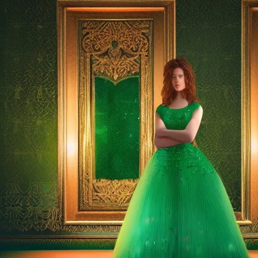 Prompt: Full-body portrait of a beautiful princess wearing an emerald glowing gown, looking away from the camera, crossed arms, dark backlit room, symmetrical, highly detailed, green gemstones, octane render