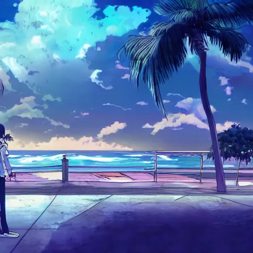 Prompt: a costal florida town at midnight, dark outside, ocean nearby, modern anime style, official anime still