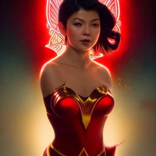 Prompt: young angel locsin as darna, volumetric lights, red and cyan theme, art nouveau botanicals, intricate, highly detailed, digital painting, artstation, concept art, smooth, sharp focus, cinematic, illustration, beautiful face, art by artgerm and greg rutkowski and alphonse mucha