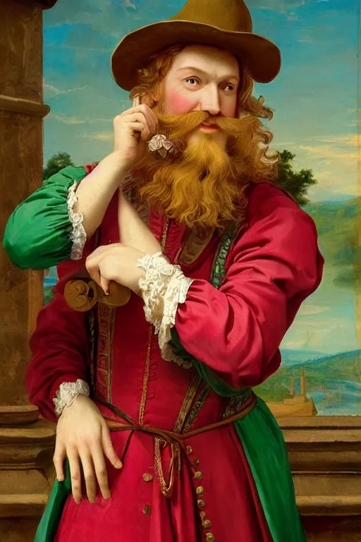 Image similar to intricate beautiful medium - shot, the card player man with short trimmed reddish beard ( ( ( no mustache ) ) ), blonde reddish hair, in green and pink clothes of 1 7 th century playing card game, matte painting, renaissance painting, by paul sezanne by leyendecker, by artgerm, rutkowskyi