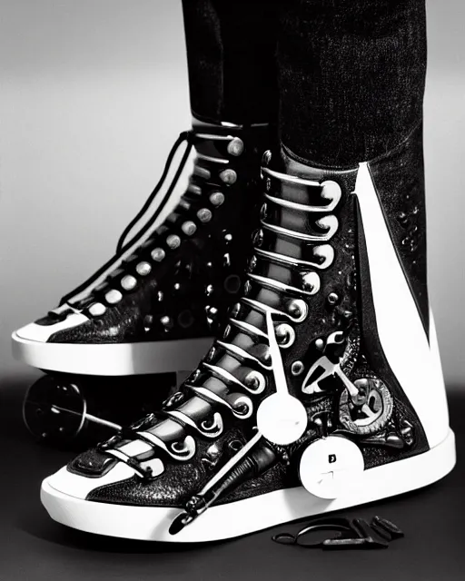 Prompt: balenciaga sneakers made out of clock parts, hyper realism, high detail, extremely detailed, very sharp, award winning photo, in the style of vivian maier