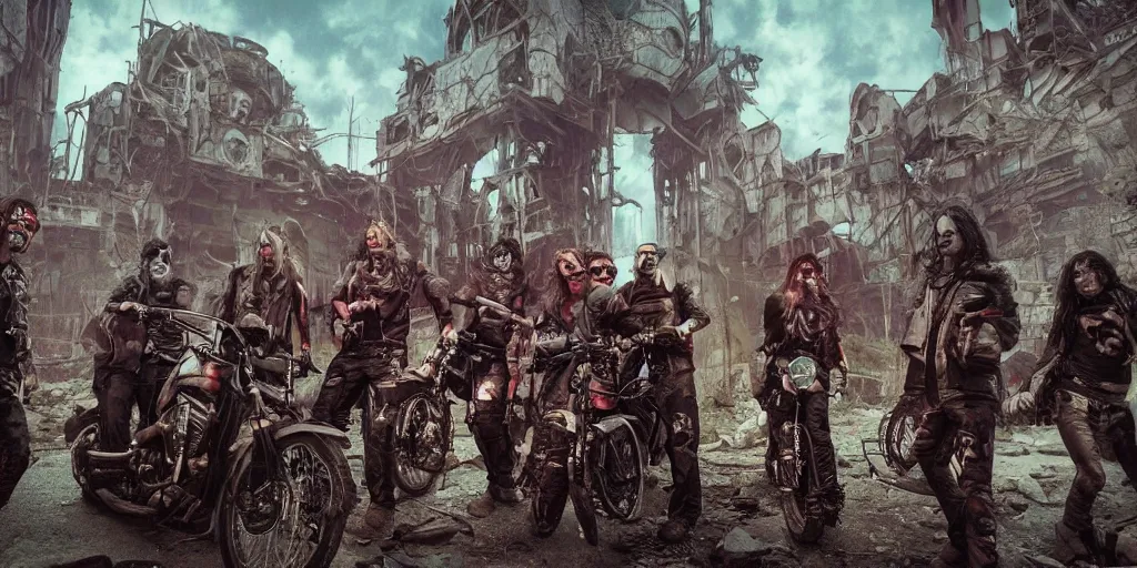Image similar to psychedelic post apocalyptic orcish biker gang posing in front of scifi city ruins, sharp focus, cinematic shot, psychedelic colors, artstation, cgsociety