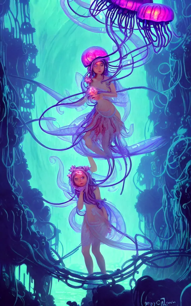 Prompt: cute jellyfish fairy princess in the grimdarkest dungeon depths, sci - fi futuristic utopia scene. trending on artstation and pixiv. a vibrant digital oil painting. a highly detailed fantasy character illustration by wayne reynolds and charles monet and gustave dore and carl critchlow and bram sels