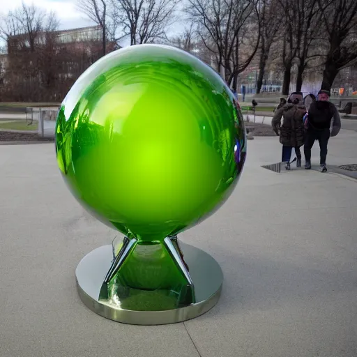 Image similar to chartreuse chrome energy blob hovering city park