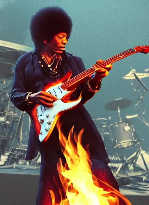 Image similar to jimi hendrix setting his guitar on fire on stage, photorealistic, 8 k resolution, octane render