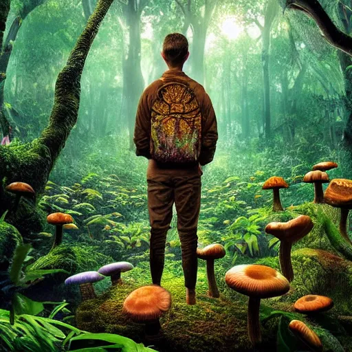 Image similar to extra wide view. person made of mushrooms standing in a marvelous magic forest jungle inhabited with fantastic creatures. iridescent. annihilation. hyper - detailed. hyperreal. unreal render.