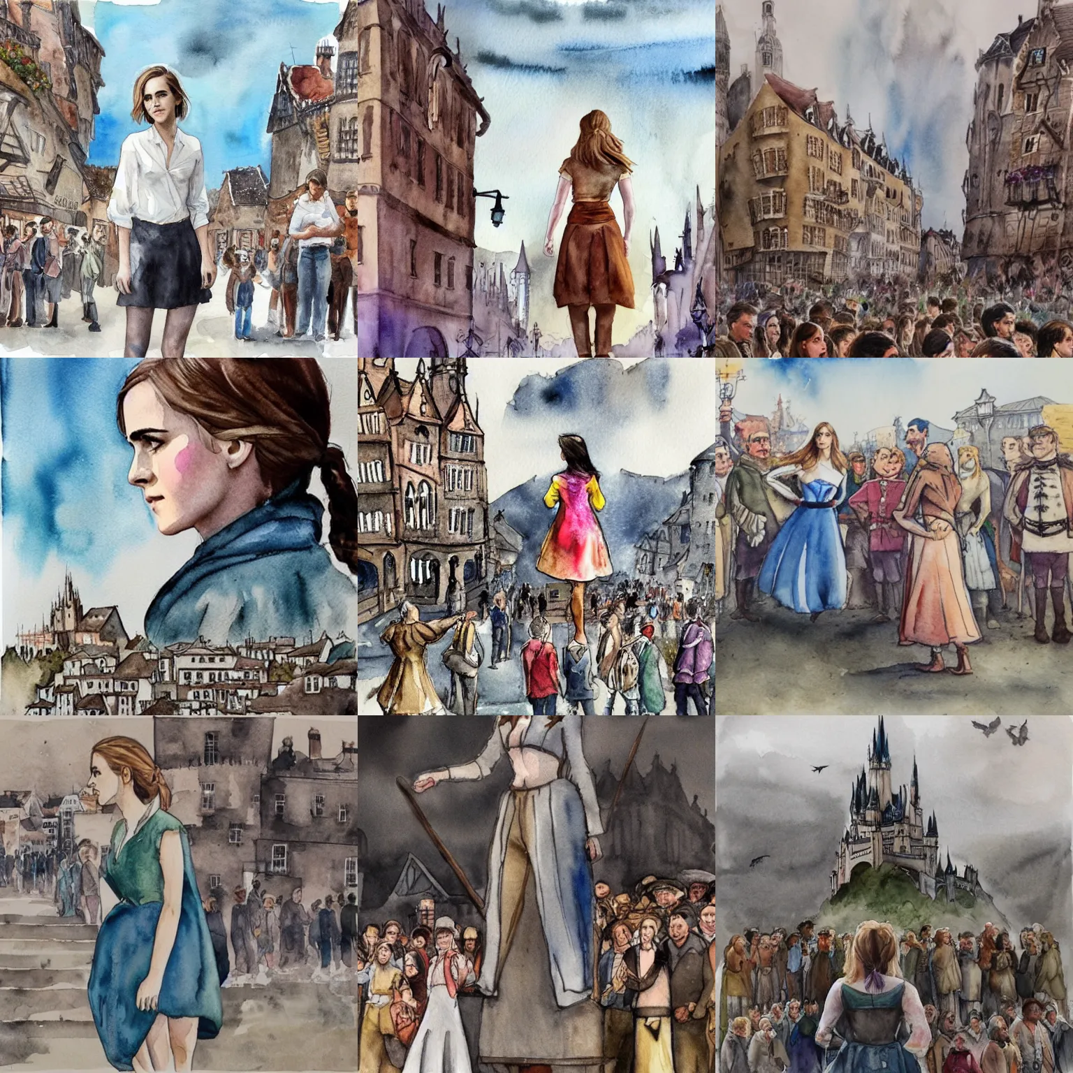 Prompt: Giant Emma Watson stands next to a town, surrounded by people, watercolor, Gulliver's Travels