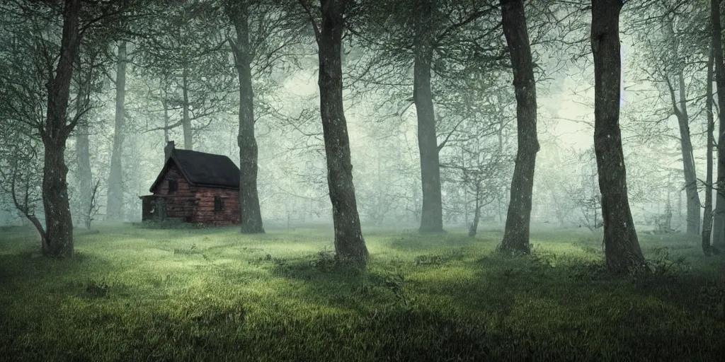 Image similar to lone cottage in the woods and empty woods, 8k, fantasy, hyper realistic, atmospheric, cinematic