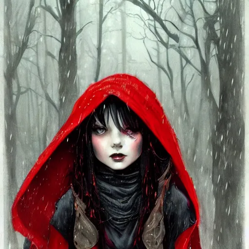 Prompt: cute gothic little red riding hood in the rain, detailed intricate ink illustration, dark atmosphere, detailed illustration, hd, 4k, digital art, overdetailed art, concept art, by greg rutkowski, by loish, complementing colors, Trending on artstation, deviantart