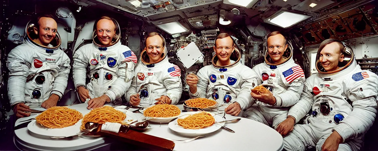 Image similar to apollo 1 1 astronauts eating spaghetti in space, ultra - realistic faces, fine detail, anon 5 0 mm, in the style of diane arbus, in the style of wes anderson, kodachrome, retro