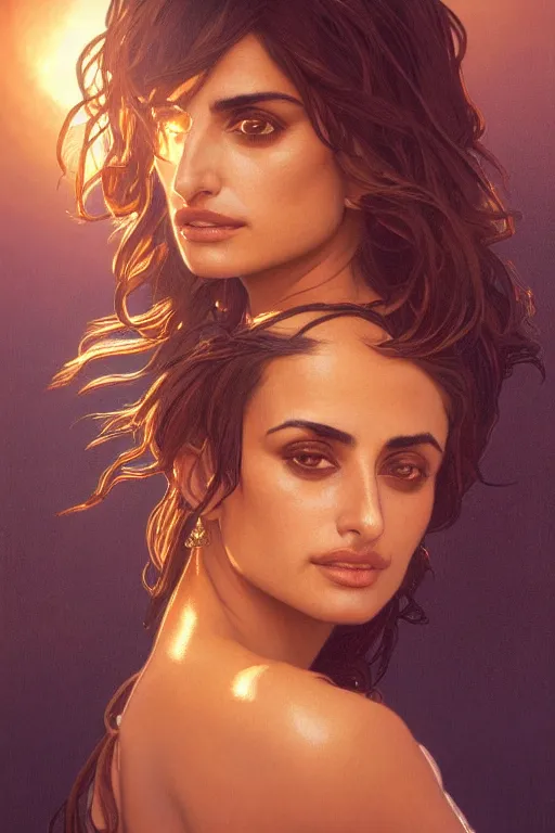 Prompt: a beautiful close-up portrait of penelope cruz, dramatic backlighting, golden hour, autochrome, high contrast, highly detailed, sharp focus, digital painting, concept art, illustration, filmpunk , trending on artstation, art by greg rutkowski and greg hildebrandt, composition by alphonse mucha