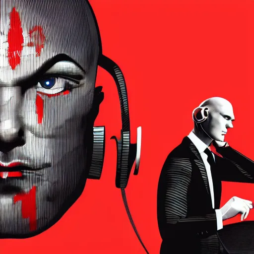 Prompt: a portrait of agent 4 7 from hitman wearing headphones, sitting in a room full of vinyl records, dark background, red rim light, highly detailed, digital art, artstation, concept art