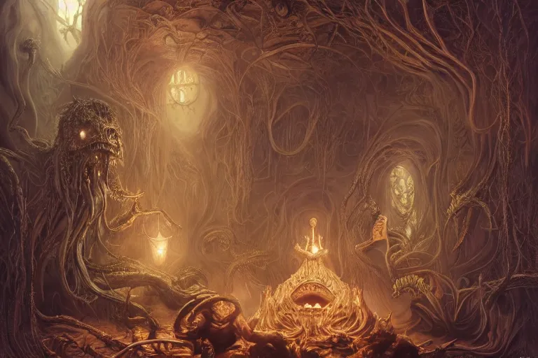 Image similar to a lovecraftian painting of a demonic shrine, occult, moster summoning, warlocks ritual, cosmic horror elements, ultra realistic, concept art, intricate details, eerie, highly detailed, photorealistic, octane render, 8 k, unreal engine. art by artgerm and greg rutkowski and alphonse mucha