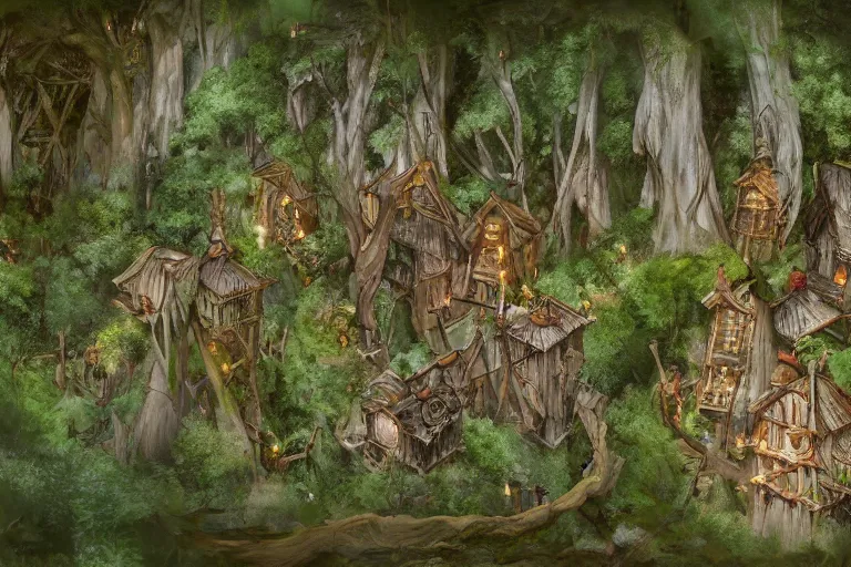 Image similar to a concealed wood elf village suspended high up in the redwood tree canopies, connected by rope bridges, fantasy setting, dense vegetation, very detailed, d & d concept art, 4 k