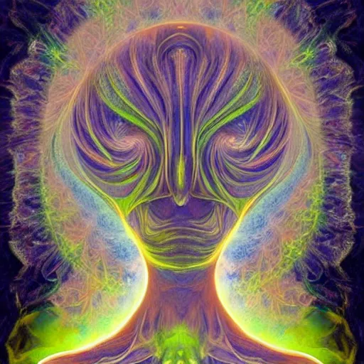 Prompt: faceless, shrouded figure, powerful being, plant spirit, fractal entity, spirit guide, light being, pearlescent, shiny, glowing, ascending, aberration, weird, odd, surreal, smooth, shaman, symmetry, subtle pattern, pastel colors, ghostly, visions, visionary art, color dispersion, underwater, intricate, engraved, matte, subtle textures, hyperdimensional, sacred geometry, portal, glass
