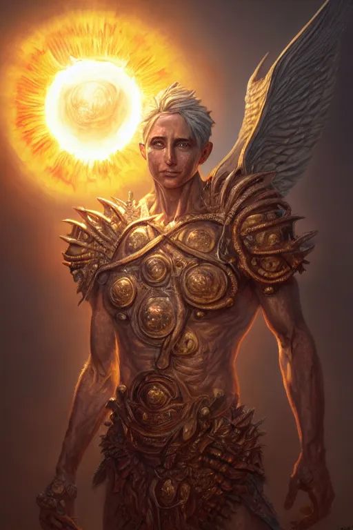 Prompt: humanoid god of the sun, highly detailed, d & d, fantasy, hyper detailed, digital painting, trending on artstation, apollo, concept art, sharp focus, illustration, art by artgerm and magali villeneuve and greg rutkowski and michael whelan, cryengine, 8 k realistic atmospheric lighting, frostbite 3 engine