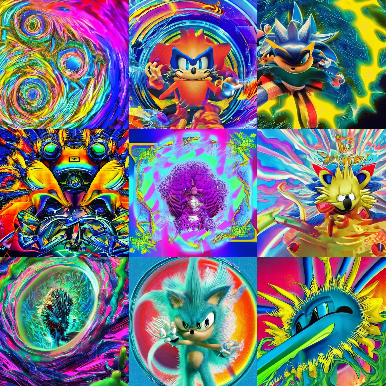 Prompt: close up sonic the hedgehog in a surreal, soft, neon, beveled spiral fractals, professional, high quality airbrush art mgmt shpongle album cover of a chrome dissolving LSD DMT blue sonic the hedgehog surfing through vaporwave caves, checkerboard horizon , 1990s 1992 Sega Genesis video game album cover