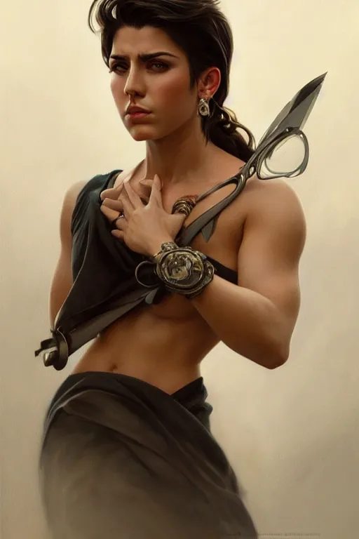 Image similar to photorealistic portrait of a young butch latina professional woman, handsome, female, masculine, upper body, fantasy, fierce, sharp features, intricate, elegant, highly detailed, digital painting, artstation, concept art, matte, sharp focus, illustration, art by artgerm and greg rutkowski and alphonse mucha