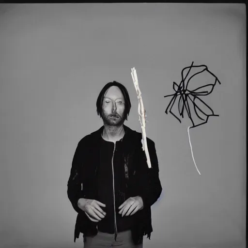 Prompt: Radiohead, Radiohead, Thom, holding the moon upon a stick, with a beard and a black jacket, a portrait by John E. Berninger, dribble, neo-expressionism, uhd image, studio portrait, 1990s