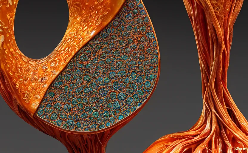 Image similar to Harman Kardon Speaker inspired by Art nouveau , fungi, fractal roots, honey, glaze, orange with teal details, designed by Antoni Gaudí, Sigma 85mm f/8 1/1000 sec shutter, high detail, Sotheby\'s