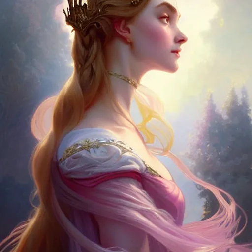 Prompt: Princess Aurora, fantasy, intricate, elegant, highly detailed, digital painting, artstation, concept art, matte, sharp focus, illustration, art by Artgerm and Greg Rutkowski and Alphonse Mucha