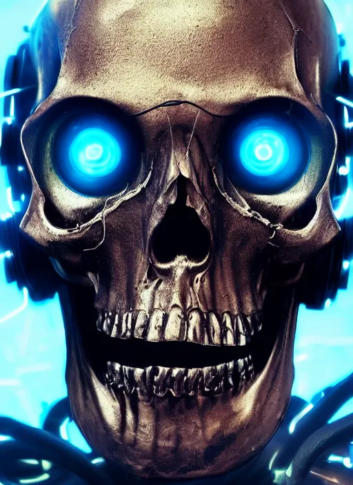 Prompt: 2 8 mm macro photo of metal skull with neon tubes half covered face with cybernetic enhancements as seen from a distance, scifi character portrait by greg rutkowski, canon 5 0 mm, film, photography, esuthio, craig mullins, 1 / 4 headshot, cinematic lighting, dystopian scifi gear, gloomy, profile picture, mechanical, half robot, implants, solarpunk