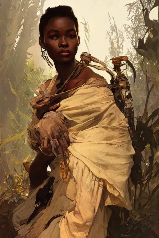 Prompt: A full portrait of a beautiful post apocalyptic African explorer, intricate, elegant, highly detailed, digital painting, artstation, concept art, smooth, sharp focus, illustration, art by Krenz Cushart and Artem Demura and alphonse mucha