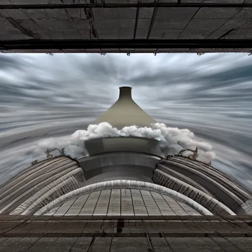 Prompt: photo of an upsidedown nuclear power plant inception cinematic