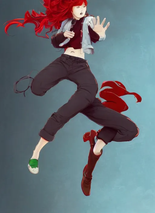 Prompt: full-body shot of an attractive tomboy girl mid jump with long, crimson red hair and red eyes, wearing a brown, open jacket and green jeans with a stern look, midriff, concept art, character design, by WLOP, by Ross Draws, by Tomine, by Satoshi Kon, by Rolf Armstrong