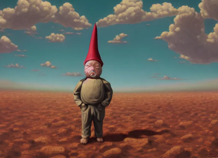 Image similar to a forgotten garden gnome in a vast barren desert, hopeless wasteland background with a relentless raging sun overhead, an ultrafine detailed painting by mark ryden, trending on deviantart, pop surrealism, whimsical, lowbrow, perfect symmetrical face