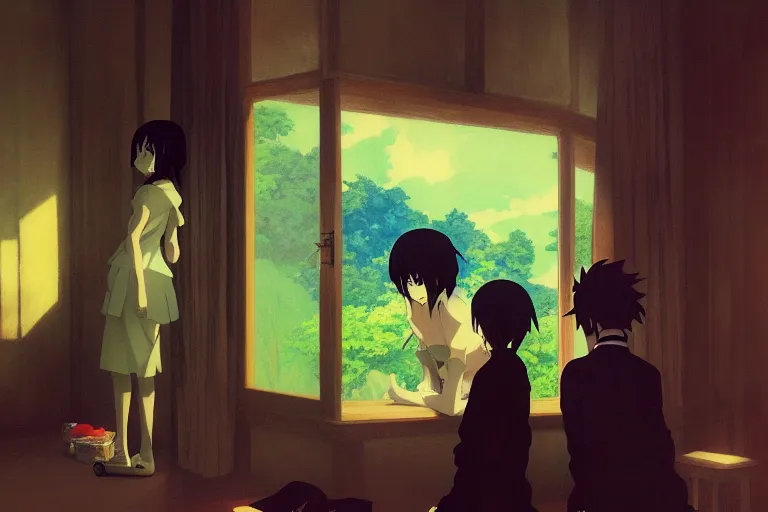 Image similar to anime key visual of anime maids found footage, spooky creepypasta, shaky trailcam, out of focus camera, style of jamie wyeth james gilleard edward hopper greg rutkowski acrylic painting, preserved museum piece, historical