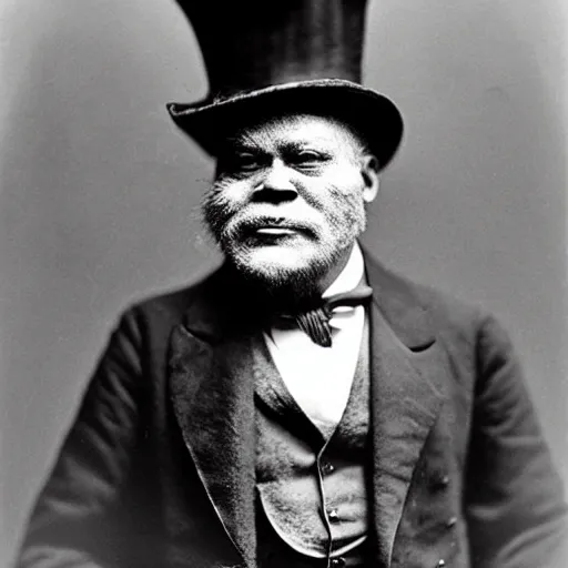 Image similar to a vintage wet plate portrait of a dignified bigfoot with a top hat and cane, extremely detailed, by james van der zee!!!!!!!!!!!!!!!!!!