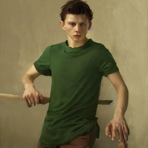 Image similar to attractive tom holland wearing green tunic by ruan jia, portrait