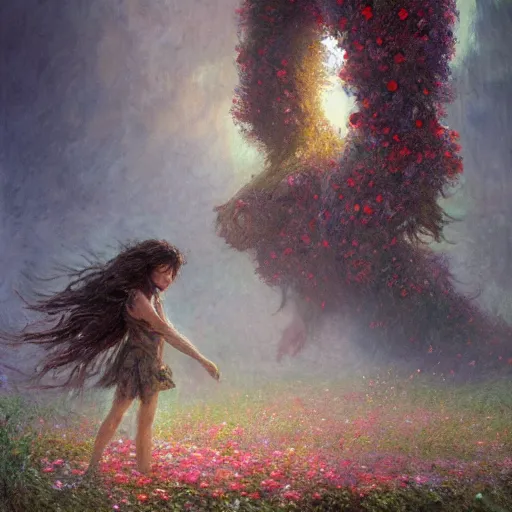 Prompt: a gigantic beautiful terrifying monster made of flowers looms over a tiny human. ethereal horror fantasy art by greg rutkowski and raymond swanland and monet