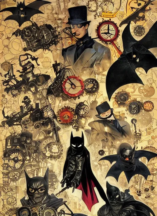 Image similar to !!!!! very coherent!!!!! oil painting, steampunk batman illustration detailed patterns, bats pop art, bats splash painting, bats, art by ashley wood, alphonse mucha, makoto shinkai, geof darrow, dark shadow